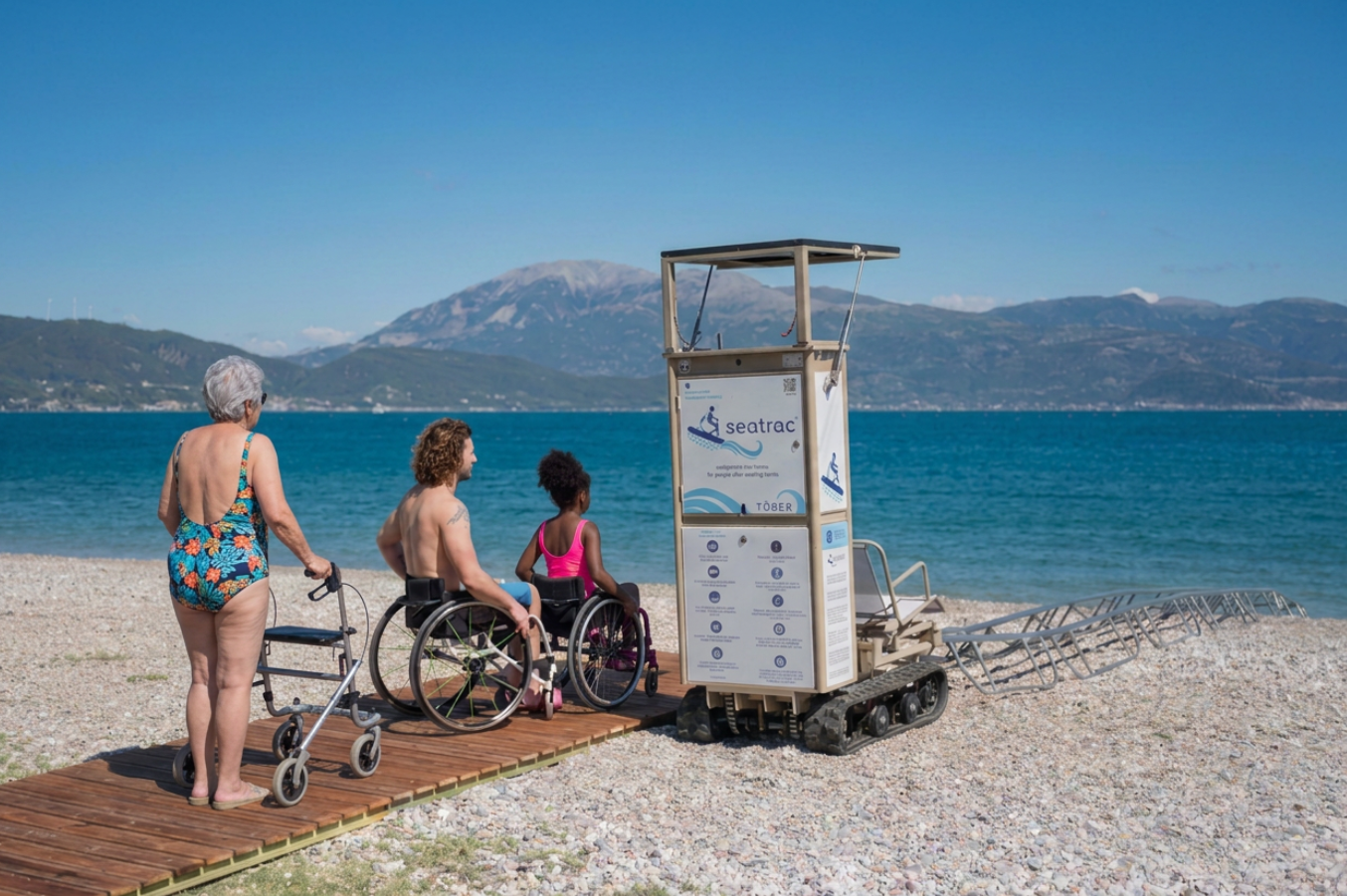 Trois personnes à mobilité réduite face au lac, à côté d’un Seatrac installé sur la plage